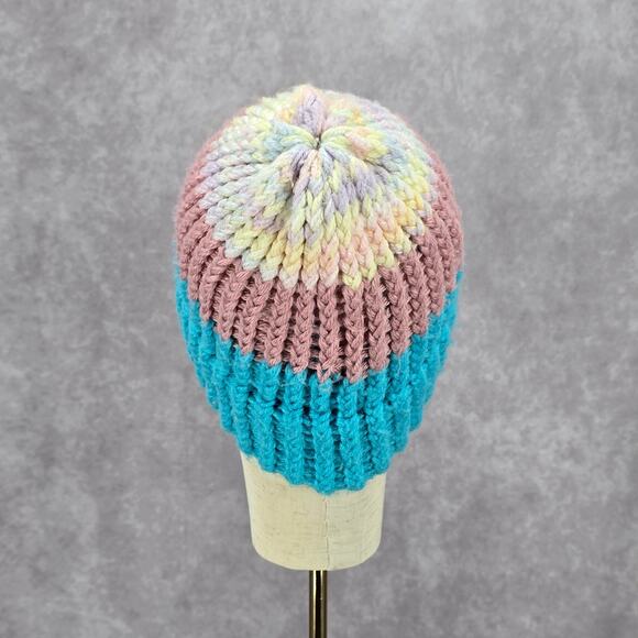Blue Pink Crochet Knit Bucket Cap Hat Fun Vintage Y2K Funky Beanie - Picture 4 of 4